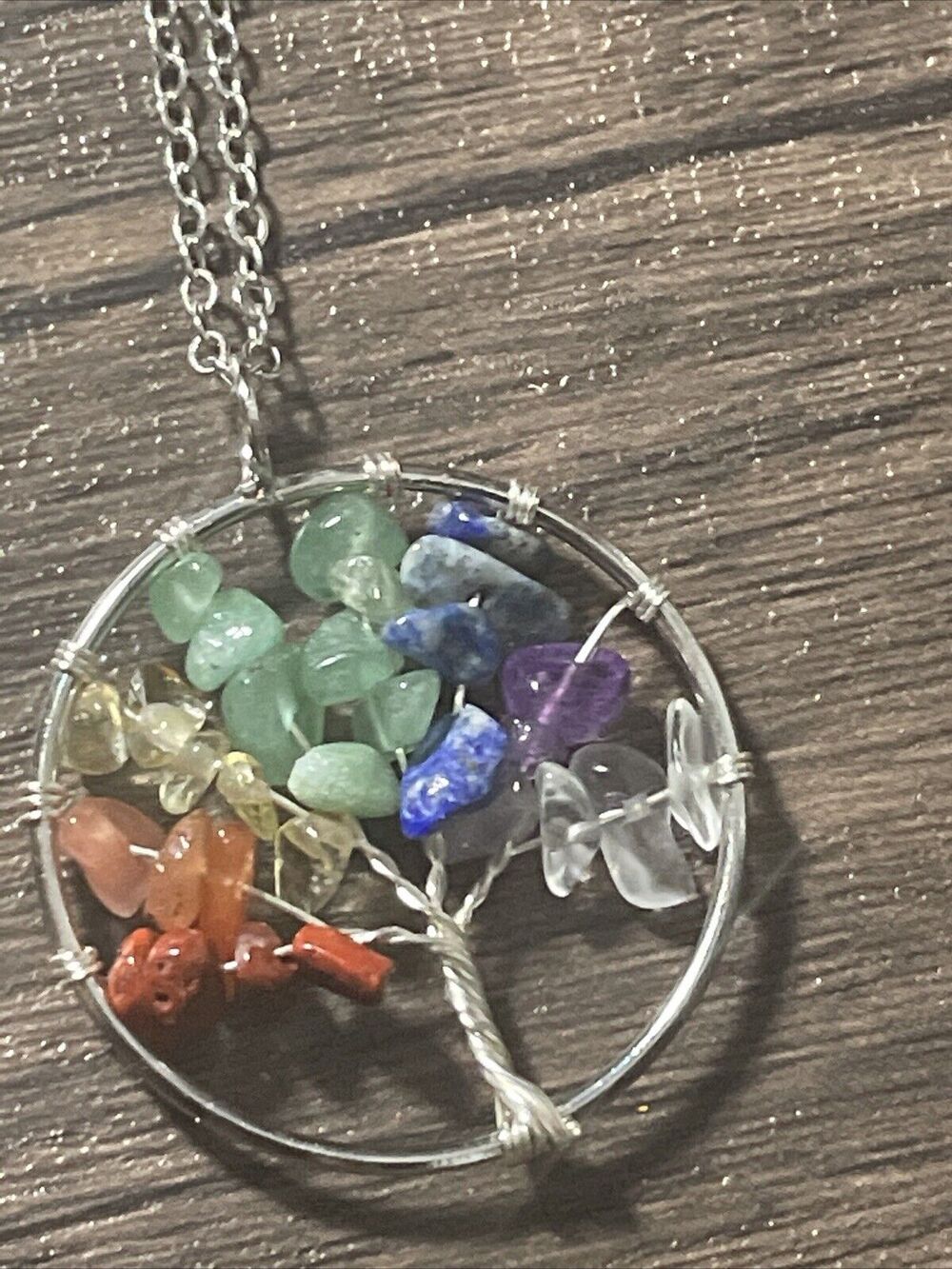 Rainbow Chakra Tree of Life Pendant + 20" Stainless Steel Chain Blue Gift Bag